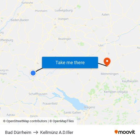 Bad Dürrheim to Kellmünz A.D.Iller map