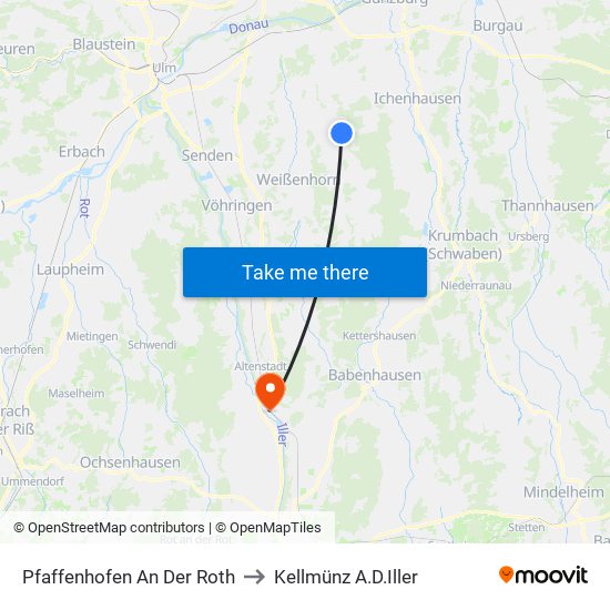 Pfaffenhofen An Der Roth to Kellmünz A.D.Iller map