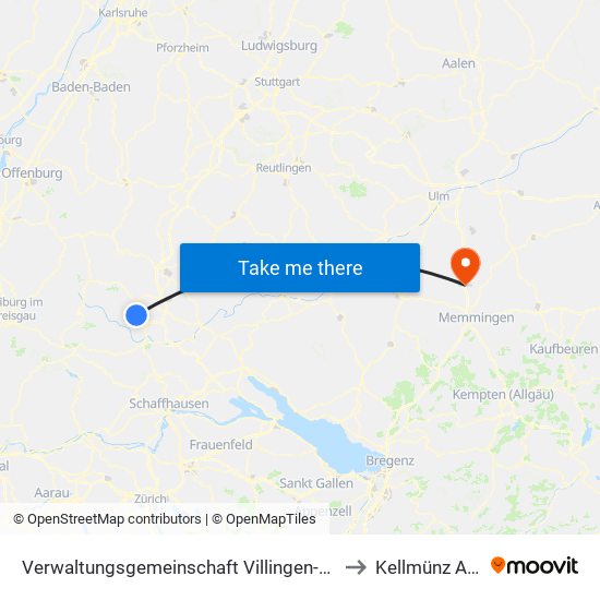 Verwaltungsgemeinschaft Villingen-Schwenningen to Kellmünz A.D.Iller map