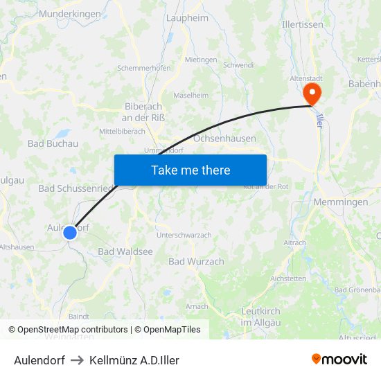 Aulendorf to Kellmünz A.D.Iller map