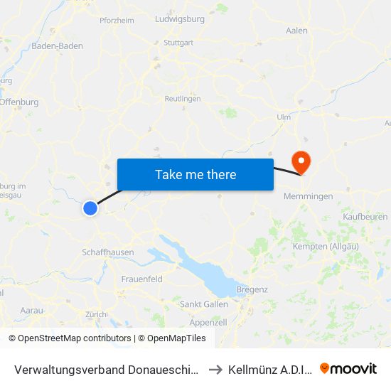 Verwaltungsverband Donaueschingen to Kellmünz A.D.Iller map