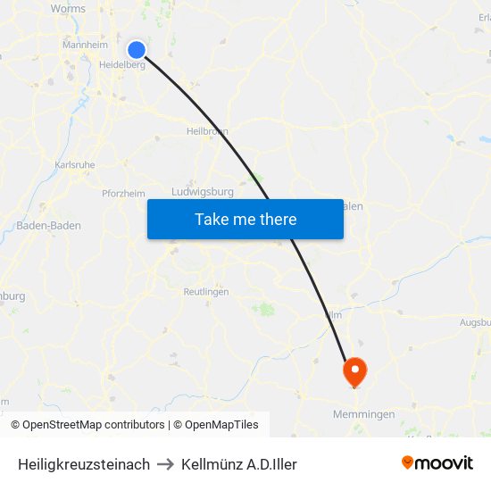 Heiligkreuzsteinach to Kellmünz A.D.Iller map