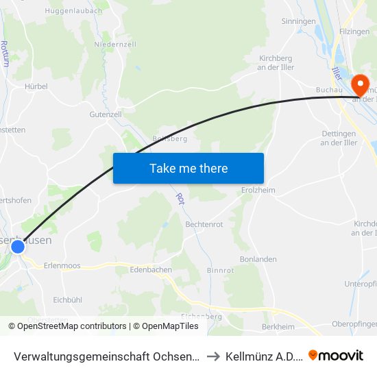 Verwaltungsgemeinschaft Ochsenhausen to Kellmünz A.D.Iller map