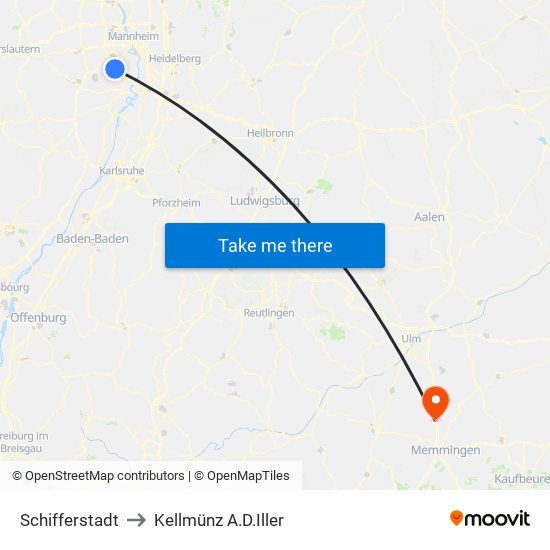 Schifferstadt to Kellmünz A.D.Iller map