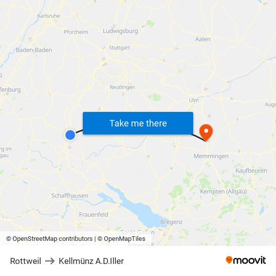Rottweil to Kellmünz A.D.Iller map