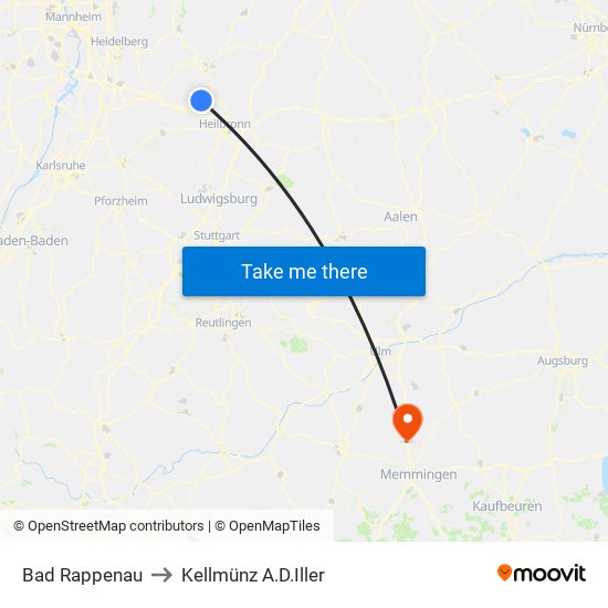 Bad Rappenau to Kellmünz A.D.Iller map