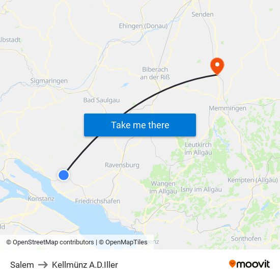 Salem to Kellmünz A.D.Iller map