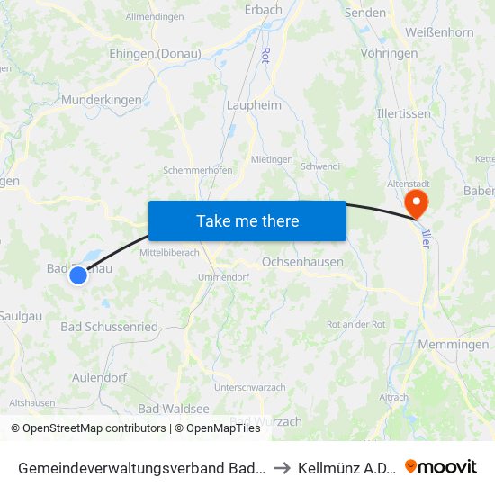 Gemeindeverwaltungsverband Bad Buchau to Kellmünz A.D.Iller map