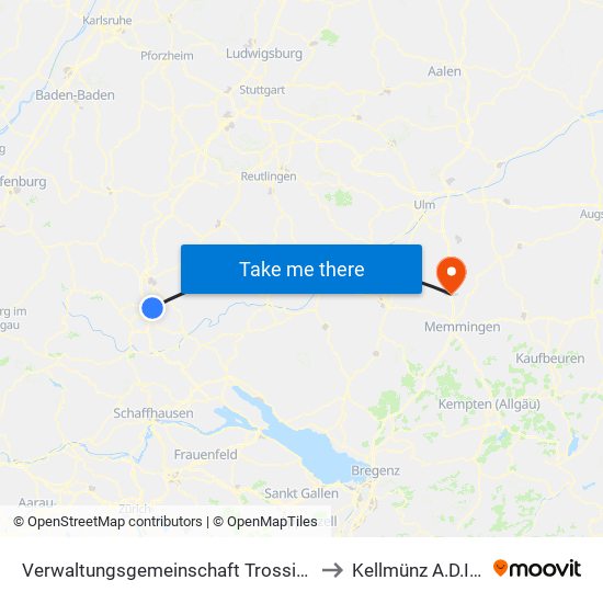 Verwaltungsgemeinschaft Trossingen to Kellmünz A.D.Iller map