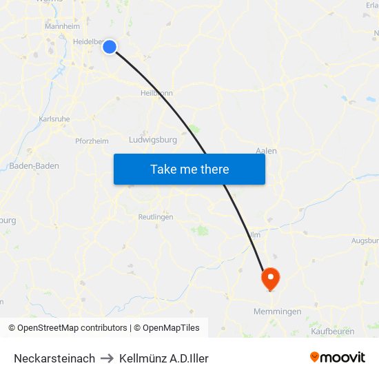 Neckarsteinach to Kellmünz A.D.Iller map