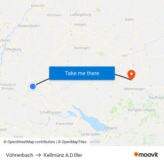 Vöhrenbach to Kellmünz A.D.Iller map