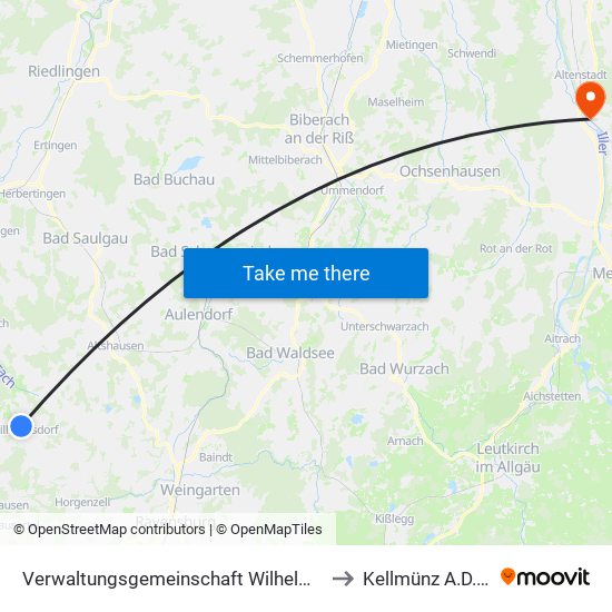 Verwaltungsgemeinschaft Wilhelmsdorf to Kellmünz A.D.Iller map