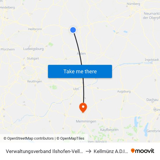 Verwaltungsverband Ilshofen-Vellberg to Kellmünz A.D.Iller map