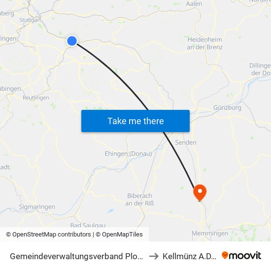 Gemeindeverwaltungsverband Plochingen to Kellmünz A.D.Iller map