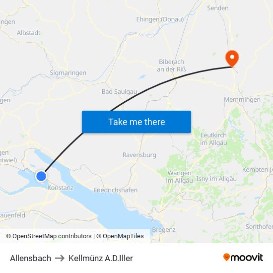 Allensbach to Kellmünz A.D.Iller map