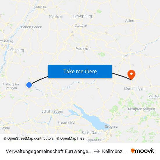 Verwaltungsgemeinschaft Furtwangen Im Schwarzwald to Kellmünz A.D.Iller map