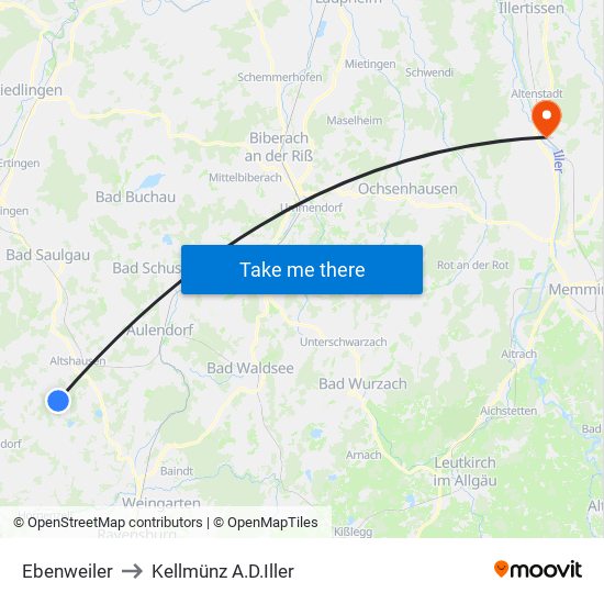 Ebenweiler to Kellmünz A.D.Iller map