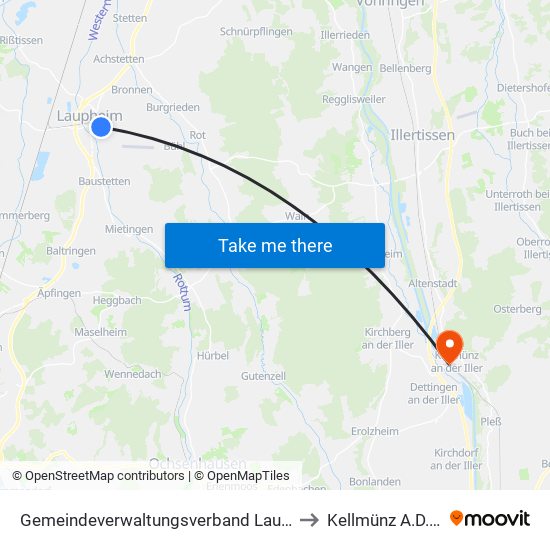 Gemeindeverwaltungsverband Laupheim to Kellmünz A.D.Iller map