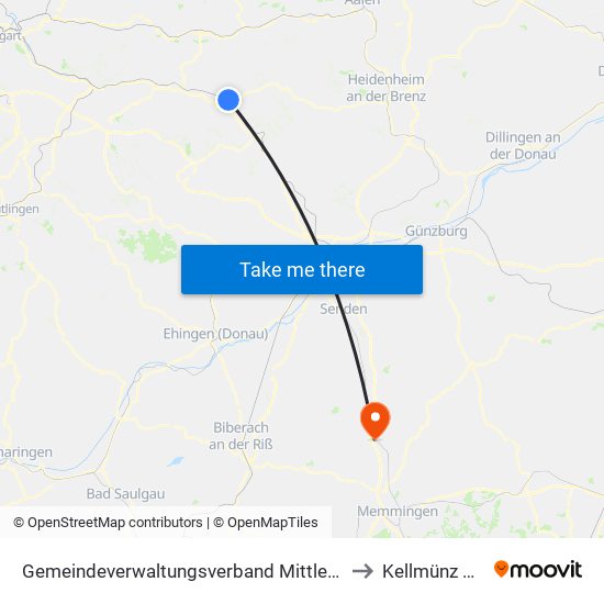 Gemeindeverwaltungsverband Mittleres Fils-Lautertal to Kellmünz A.D.Iller map