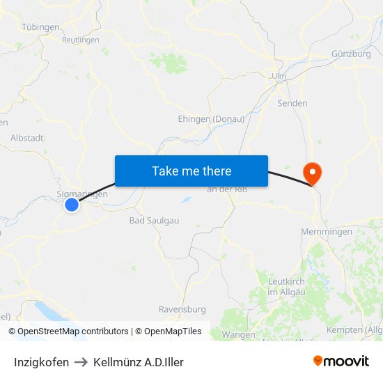 Inzigkofen to Kellmünz A.D.Iller map