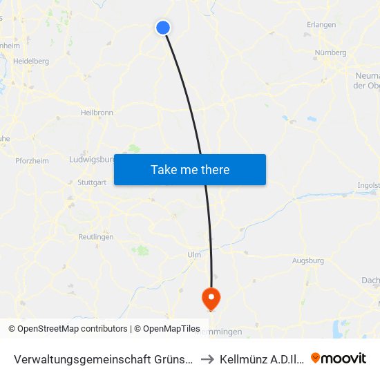 Verwaltungsgemeinschaft Grünsfeld to Kellmünz A.D.Iller map