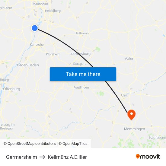 Germersheim to Kellmünz A.D.Iller map
