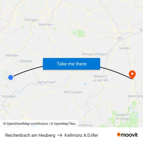 Reichenbach am Heuberg to Kellmünz A.D.Iller map