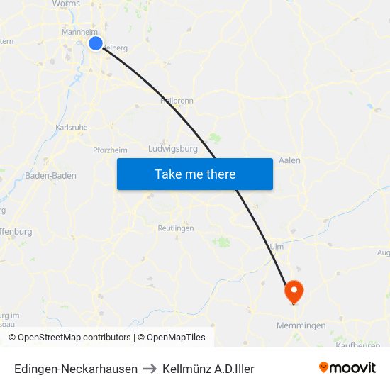 Edingen-Neckarhausen to Kellmünz A.D.Iller map