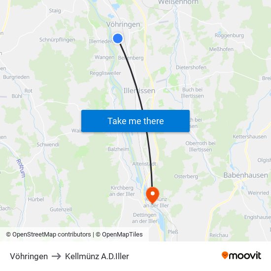 Vöhringen to Kellmünz A.D.Iller map