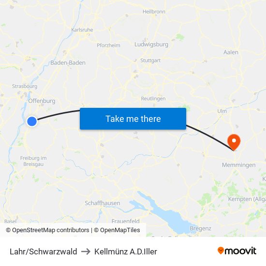 Lahr/Schwarzwald to Kellmünz A.D.Iller map