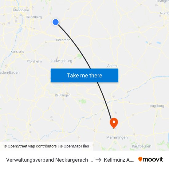 Verwaltungsverband Neckargerach-Waldbrunn to Kellmünz A.D.Iller map