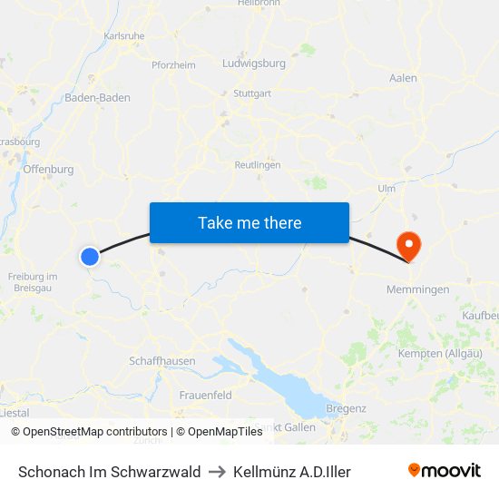 Schonach Im Schwarzwald to Kellmünz A.D.Iller map