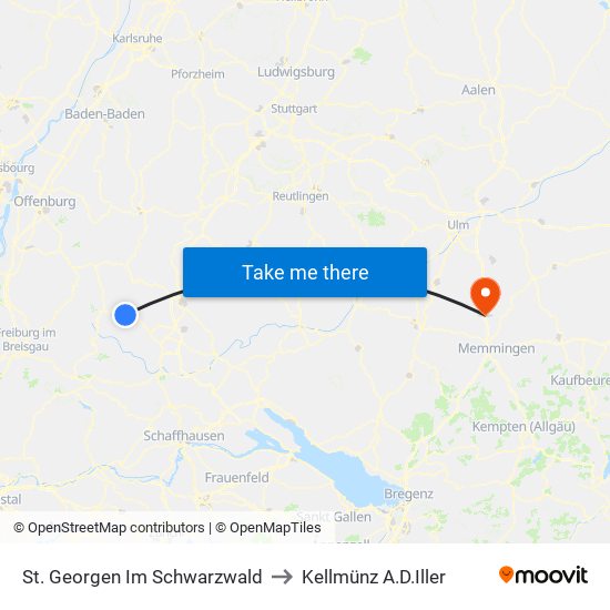 St. Georgen Im Schwarzwald to Kellmünz A.D.Iller map