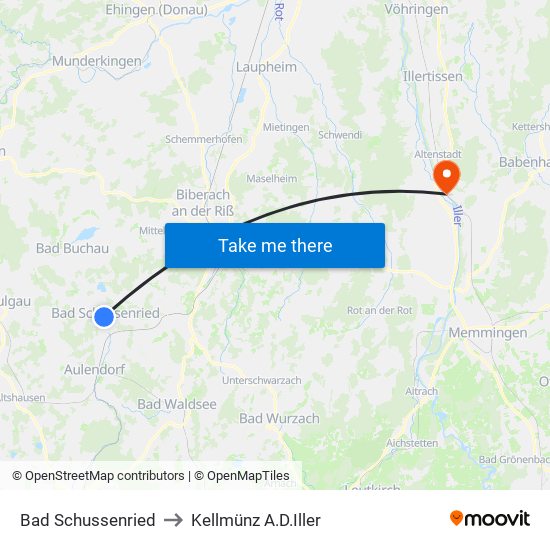 Bad Schussenried to Kellmünz A.D.Iller map