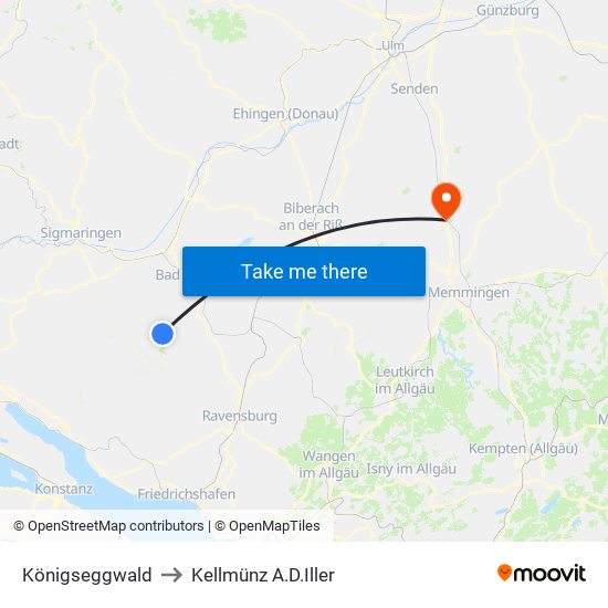 Königseggwald to Kellmünz A.D.Iller map