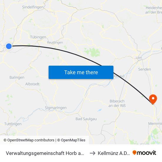 Verwaltungsgemeinschaft Horb am Neckar to Kellmünz A.D.Iller map