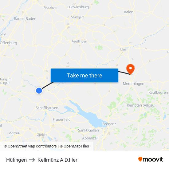Hüfingen to Kellmünz A.D.Iller map