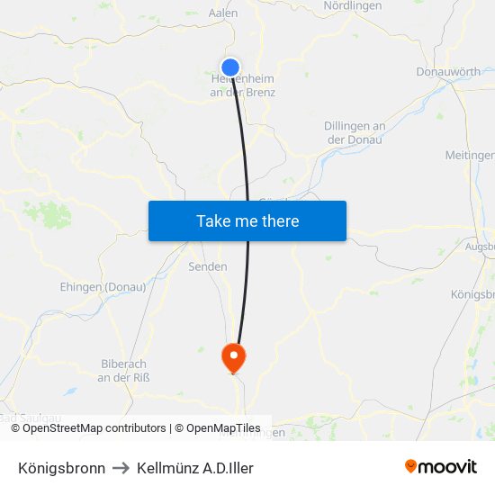 Königsbronn to Kellmünz A.D.Iller map