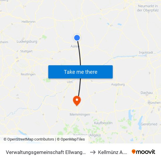 Verwaltungsgemeinschaft Ellwangen (Jagst) to Kellmünz A.D.Iller map
