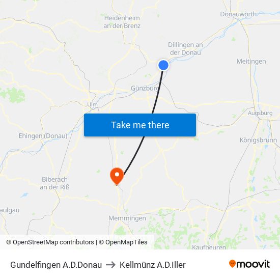Gundelfingen A.D.Donau to Kellmünz A.D.Iller map