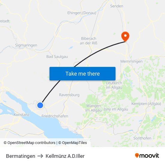 Bermatingen to Kellmünz A.D.Iller map