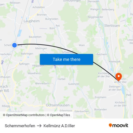 Schemmerhofen to Kellmünz A.D.Iller map