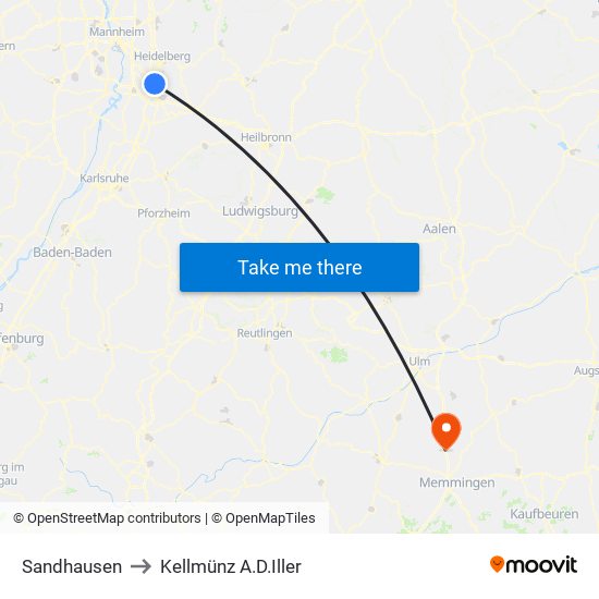 Sandhausen to Kellmünz A.D.Iller map