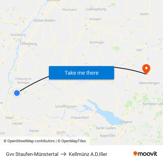 Gvv Staufen-Münstertal to Kellmünz A.D.Iller map