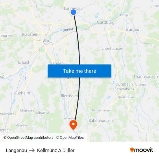 Langenau to Kellmünz A.D.Iller map