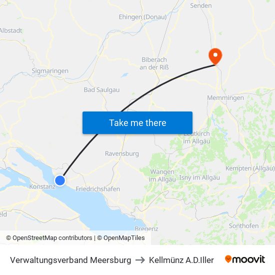 Verwaltungsverband Meersburg to Kellmünz A.D.Iller map