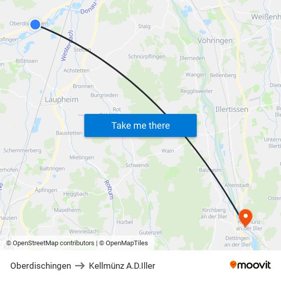 Oberdischingen to Kellmünz A.D.Iller map