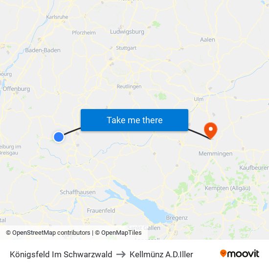 Königsfeld Im Schwarzwald to Kellmünz A.D.Iller map