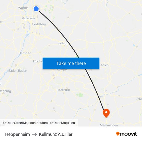 Heppenheim to Kellmünz A.D.Iller map