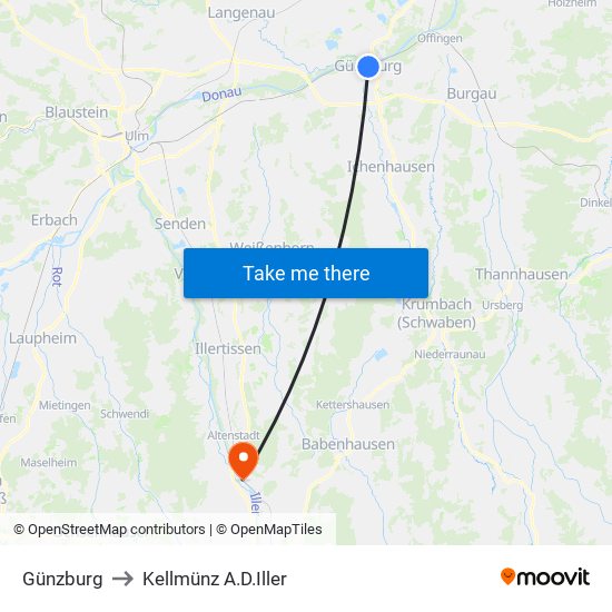 Günzburg to Kellmünz A.D.Iller map